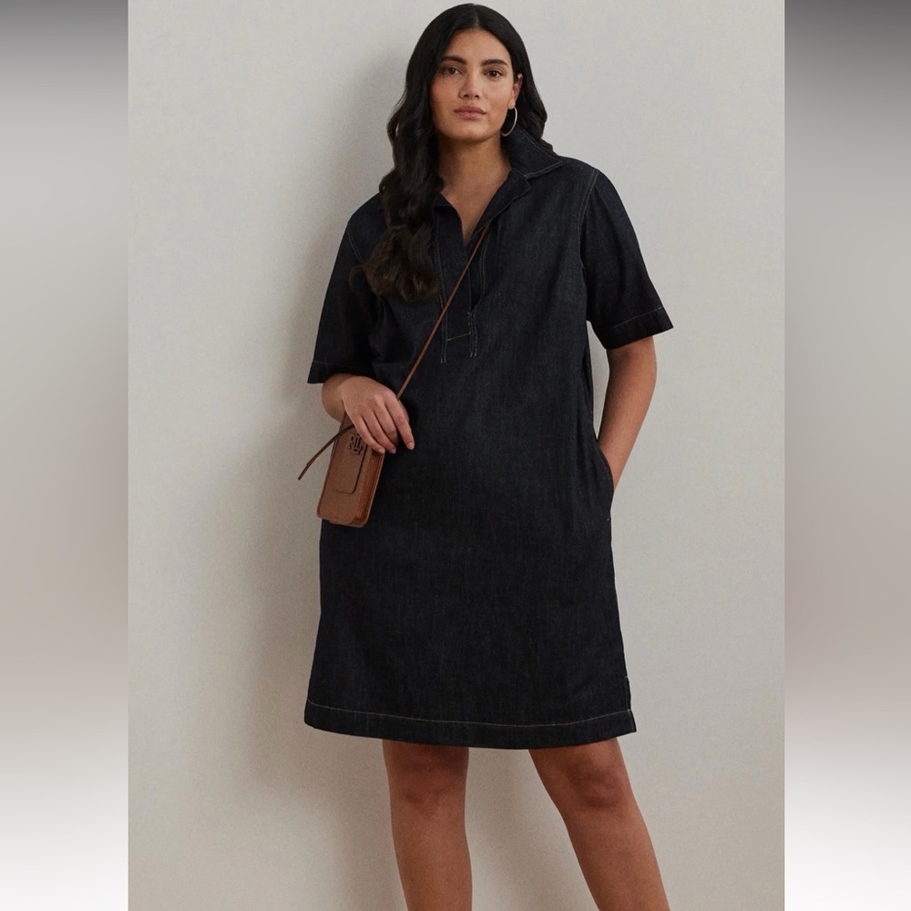 Lauren Ralph Lauren Denim Shift Dress With Point Collar Dark Wash Size 1X - Picture 10 of 10